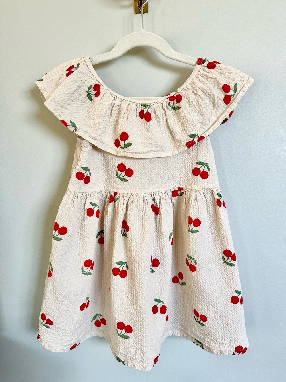 H&M Girls 4-5Y Cherry Print Ruffle Collar Dress Cream Red Cottagecore